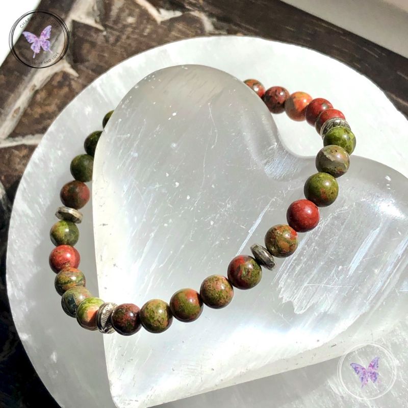 Unakite Bead Bracelet with Silver Discs